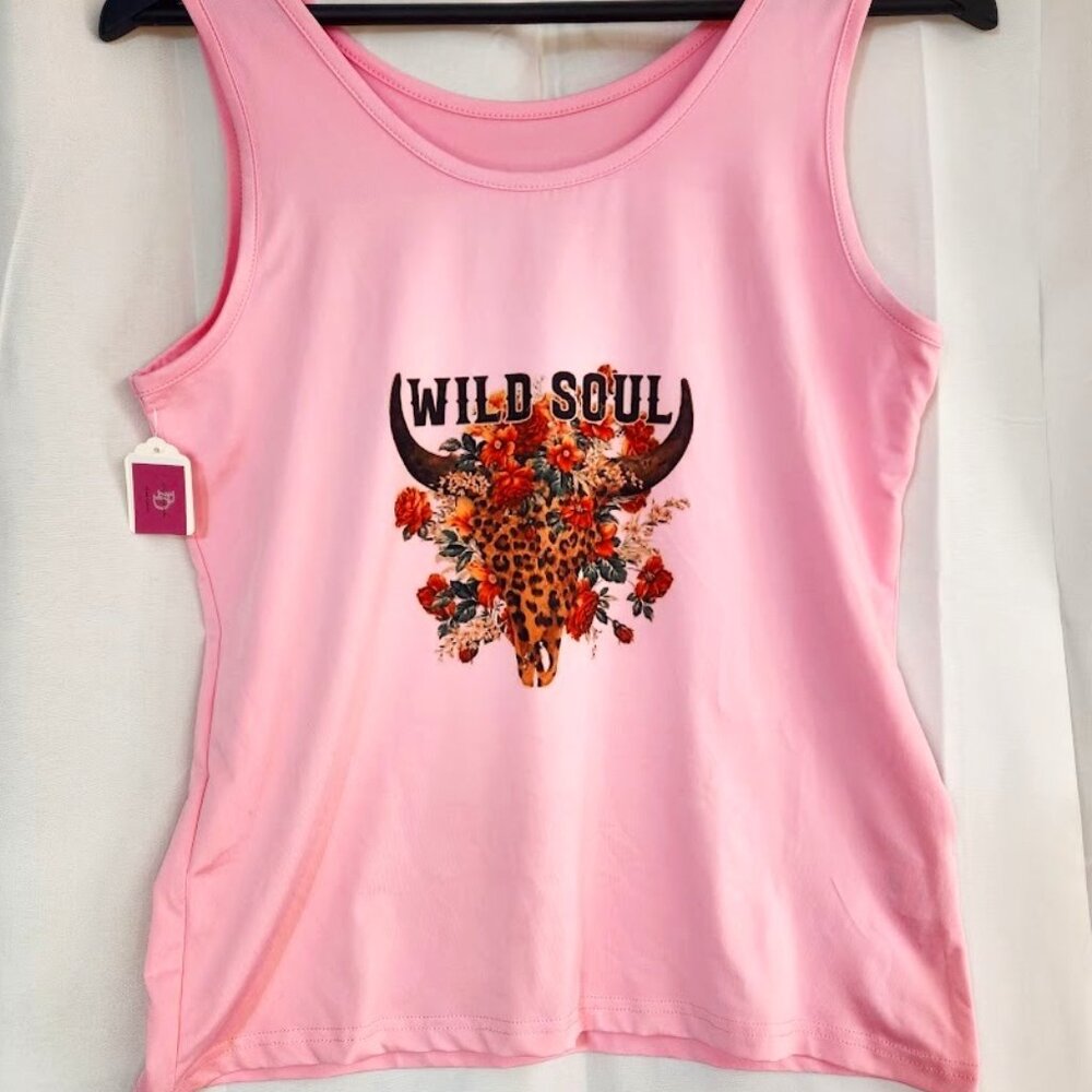 Pink Leopard Print Cow Skull and Flowers " Wild Soul "Tank Top Medium